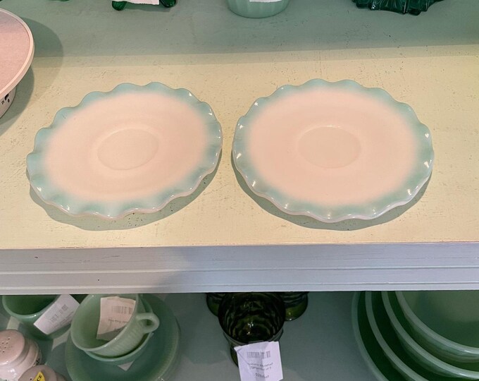 Hazel Atlas Vintage Blue Crinoline Saucers Set of 2 Ripple Milk Glass