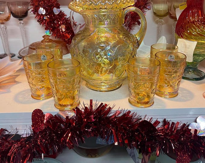 Vintage Fenton Marigold Carnival Glass Pitcher with 6 Glasses Water Set