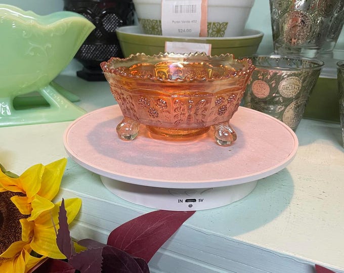 Antique Marigold Fenton Butterflies & Berries Carnival Glass 3- Footed Bowl