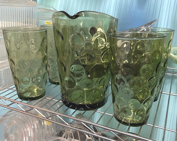 Hazel Atlas green coin dot pitcher and 4 glasses