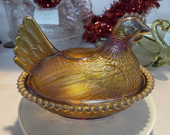 Indiana Glass Vintage Gold Hen on Nest 7 Inch Iridescent Candy Dish