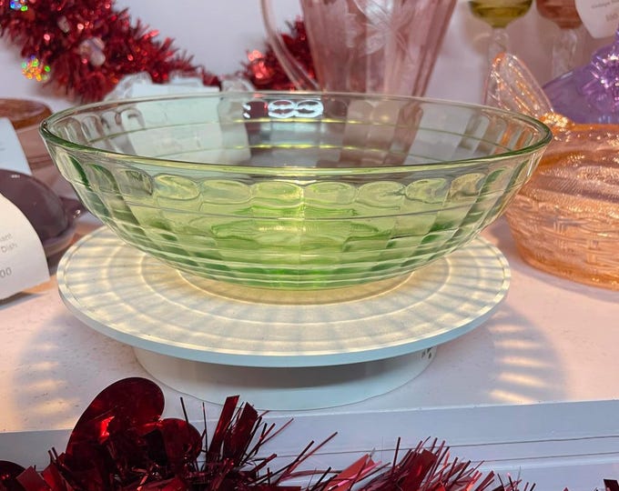 Anchor Hocking Vintage Green Uranium Glass Bowl Depression Glass UV Glow