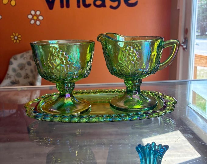 Indiana Glass Harvest Grape Lime Green Carnival Cream Sugar Tray Set