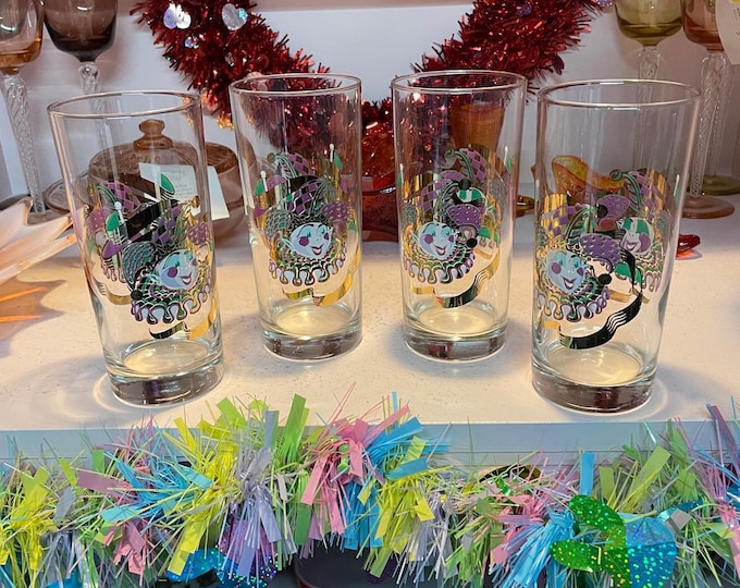 Culver Vintage 22K Gold Mardi Gras Jester Highball Glasses Set of 4