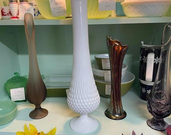 Fenton Vintage White Hobnail Swung Pedestal Vase–21" Inch Milk Glass Collectible