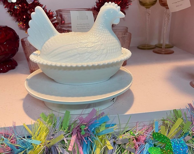 Indiana Glass White Milk Glass Hen on Nest Vintage Chicken Candy Dish Stippled