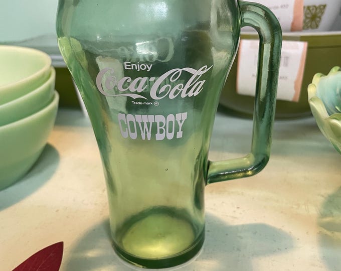 Vintage Coca-Cola Whataburger Cowboy Green Glass Mug–Collectible, 16 oz D Handle