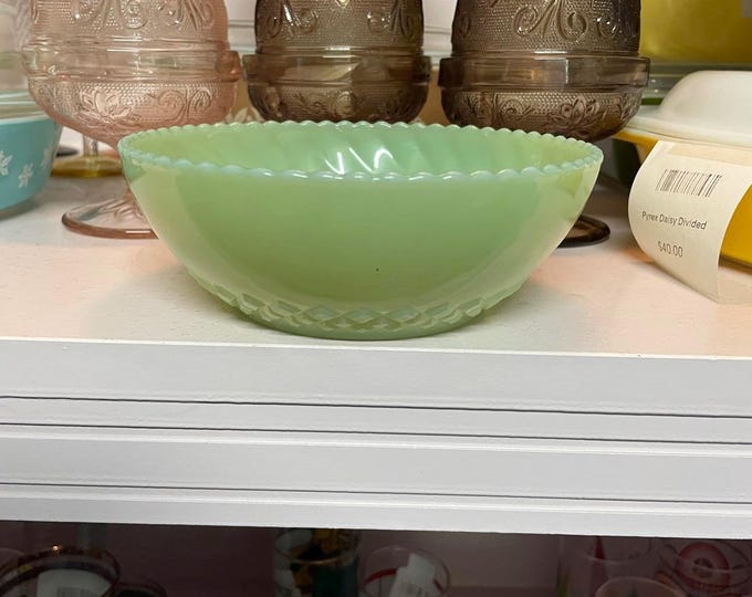 Vintage Fire-King Jadeite Diamond Swirl Bowl – Green Milk Glass, MCM Collectible