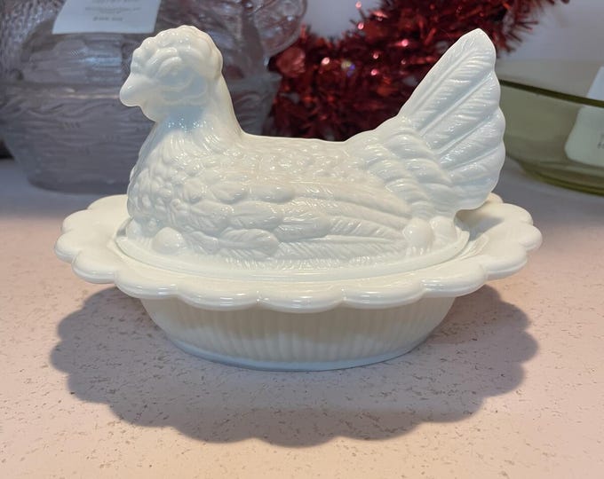 Mosser Glass White Milk Glass Hen on Nest 6 Inch Vintage Candy Dish