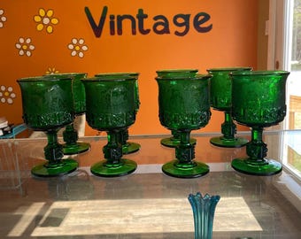 L.G. Wright Black Forest Green Goblets Etched Stemware Vintage set of 8