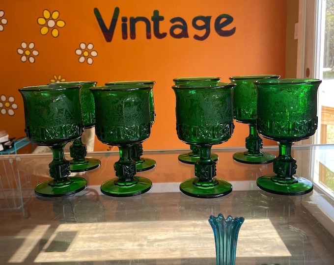 L.G. Wright Black Forest Green Goblets Etched Stemware Vintage set of 8