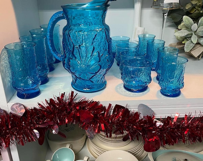 Anchor Hocking Vintage Laser Blue Rainflower Pitcher & 12 Glasses Set MCM 70s