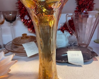 Imperial Antique Amber-Marigold Carnival Glass Swung Vase Beaded Bullseye c1910