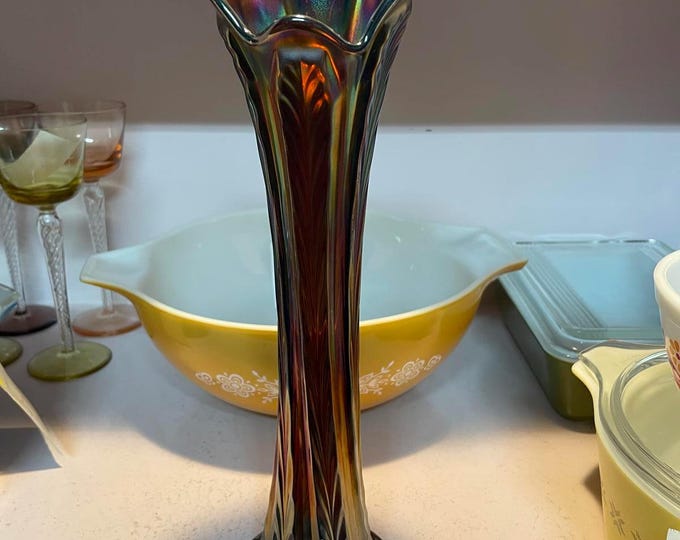 Fenton Amethyst Carnival Glass Plume Panels Swung Vase 12.5 inches