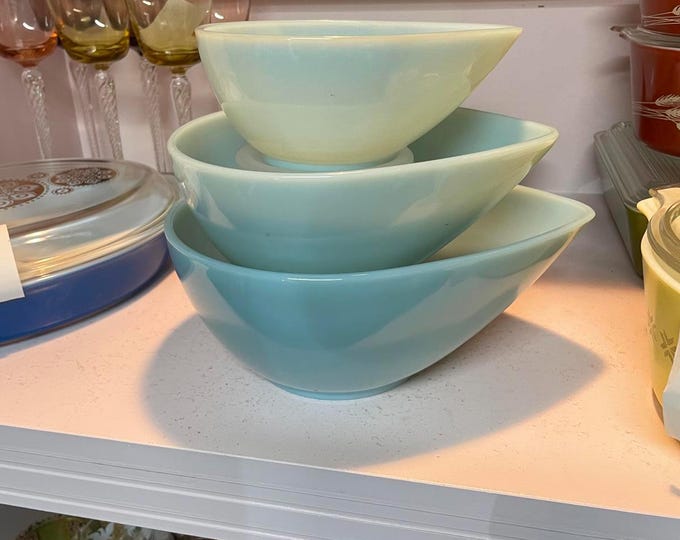 Fire-King Vintage Blue Swedish Modern Splash Proof bowl Set