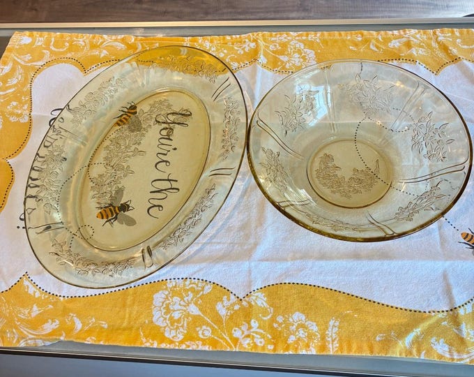 Federal Glass Vintage Sharon Amber 12.5" Platter & 8" Fruit Bowl Set