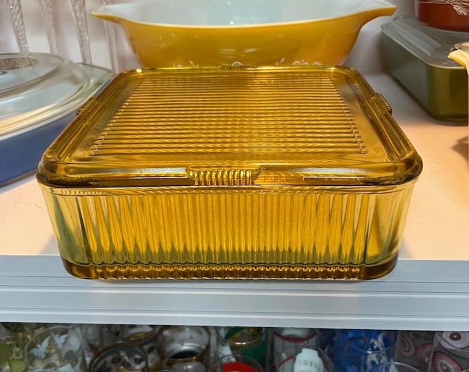 Federal Glass Vintage Amber Ribbed Refrigerator dish