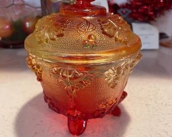Vintage Jeannette Amberina Orange Footed Candy Dish Compote Bowl