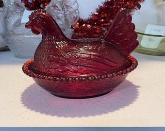 Indiana Glass Flash Ruby Red Hen on Nest 7 Inch Vintage Candy Dish