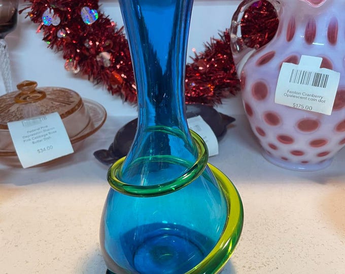 Blenko Blue "Wrap" Vase #6817 Joel Myers Vintage Mid‑Century Art Glass