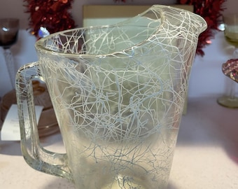 Hazel Atlas White Drizzle Glass Pitcher MCM Clear Spaghetti String