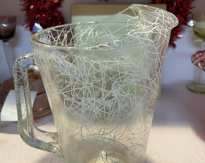 Hazel Atlas White Drizzle Glass Pitcher MCM Clear Spaghetti String