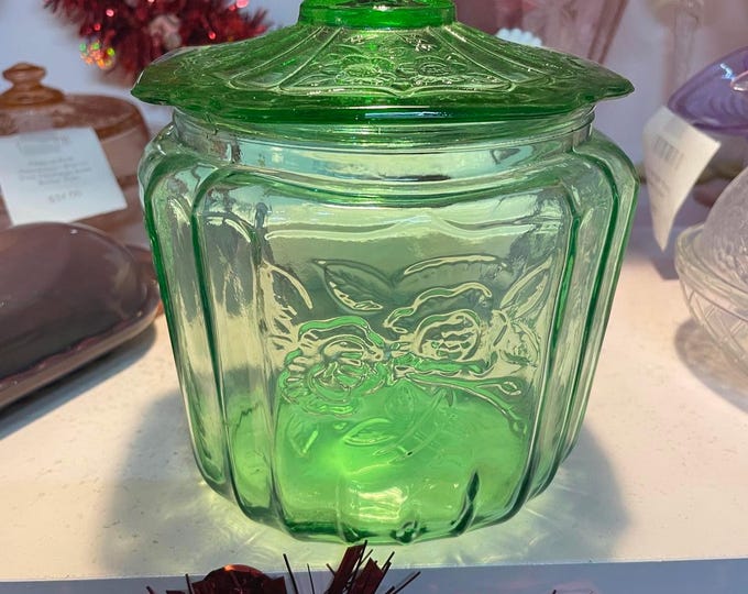 Hocking Glass Green Mayfair Open Rose Vintage Biscuit Jar