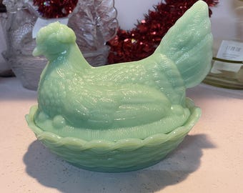 Mosser Glass Jadeite Hen on Nest 7 Inch Covered Candy Dish USA