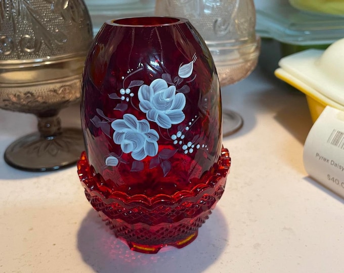 Fenton Red Fairy Lamp hand painted signed