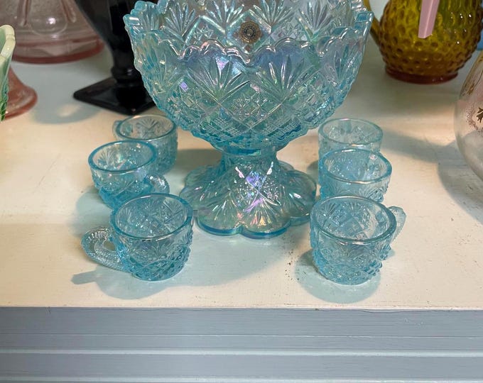 Westmoreland Vintage Irridescent Blue Miniature Punch Bowl set