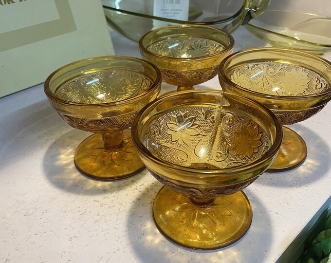 Indiana Glass Tiara Amber Sandwich Footed Dessert Bowls Set of 4