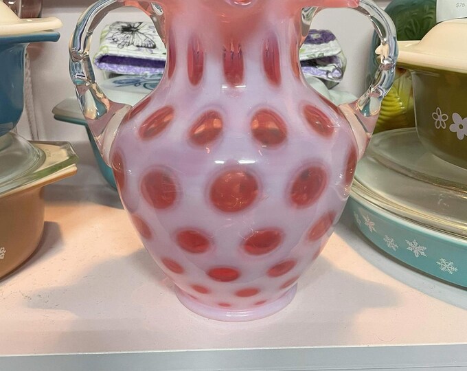 Fenton Vintage Cranberry Opalescent Coin Dot Double Handle Vase