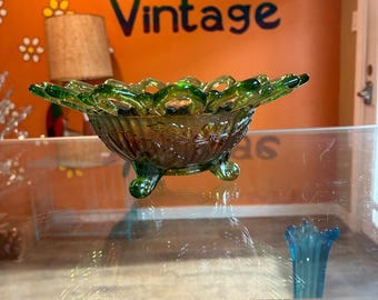 Northwood Antique Wild Rose Green Carnival Glass Open Edge Bowl