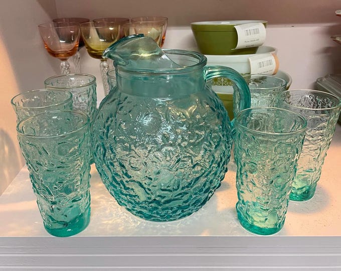 Anchor Hocking Milano Crinkle Blue Glass Ball Pitcher and Glasses Set