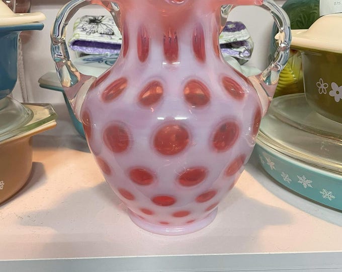 Fenton Cranberry Opalescent Coin Dot Double Handle Vase