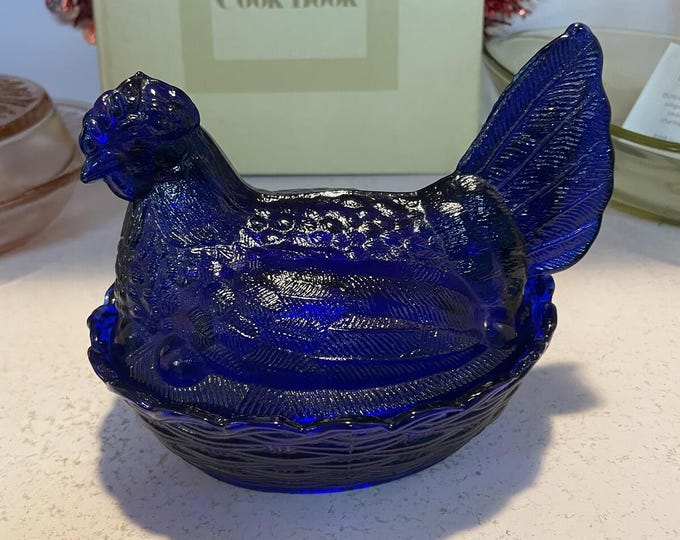 Vintage Cobalt Blue Hen on Nest 6” Glass Covered Dish Farmhouse
