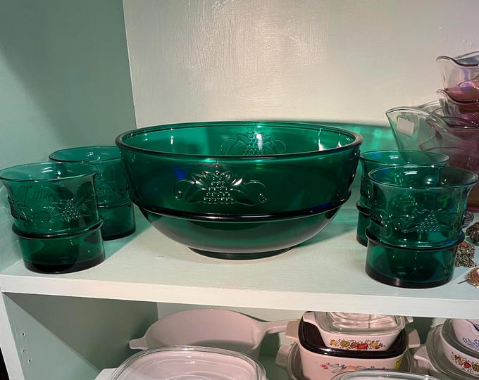 Indiana Glass Dark Green Harvest Grape Punch Bowl Set with 4 Glasses – Vintage