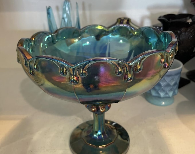 Indiana Glass Blue Carnival Harvest Grape Large Compote Pedestal Bowl