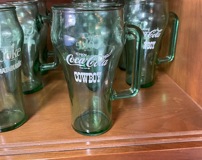 Coca-Cola Whataburger Cowboy Green Glass Mug–Collectible, 16 oz D Handle