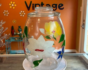 Bartlett Collins Primrose Floral Hand Painted Glass Cookie Jar Vintage 1952