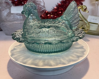 Mosser Glass Vintage Teal Hen on Nest 6 Inch Covered Candy Dish