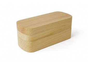 Traditional Japanese Bento Box, Carved from One Piece of Hinoki Wood, Oval, Double-Layer 400+500ml