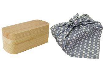 Traditional Japanese Bento Box, Carved from One Piece of Hinoki Wood, Oval, Double-Layer 400+500ml / With Wrapping Cloth