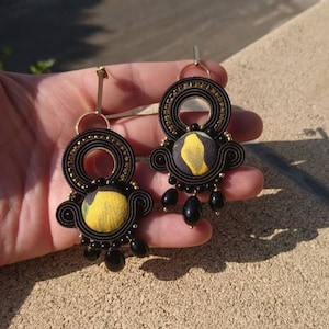 Black pendant soutache earrings with unique handcrafted button