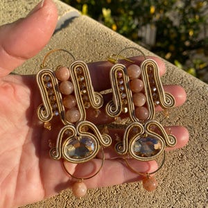 Soutache earrings with crystals stones and beige pendants