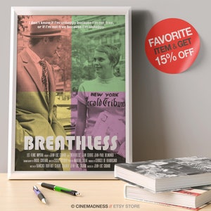 Atemlos von Jean Luc Godard, mit Jean Paul Belmondo, Jean Seberg, 1960. Französisches Nouvelle Vague-Filmplakat, Kunstzitat, hochwertiger Druck