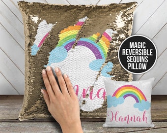 Rainbow sequin pillow | reversible sequin mermaid pillowcase | personalized rainbow and clouds decorative sequin pillow MSPC-009