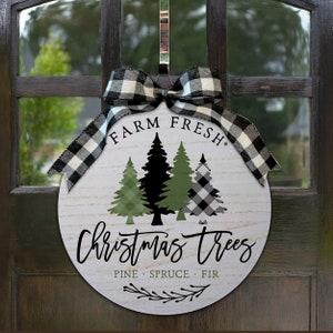 farm fresh christmas trees holiday sign with bow option pine spruce fir christmas trees round plaque holiday decor christmas gift Signs-018