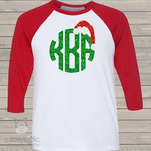 Holiday shirt monogram glitter Santa hat personalized ADULT raglan Tshirt - adorable sparkly monogrammed raglan shirt MGSAR
