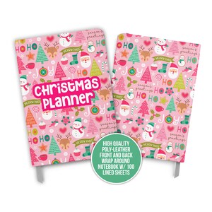 May include: Pink Christmas planner notebook with a festive design featuring Santa, reindeer, snowmen, and Christmas trees. The cover has the text "Christmas Planner" in white letters. The notebook has 100 lined sheets.